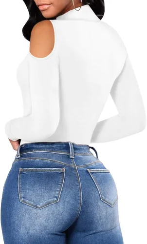 Vista 3 de MANGOPOP Trajes de cuerpo de manga larga para mujer, body de cuello alto para salir con corte sexy en los hombros