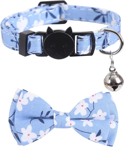 Vista 2 de Paquete de 2 collares de gato con pajarita y flor a cuadros de campana para gatito Azul