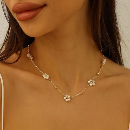 Vista 3 de Collar de perlas, collar de flores de perlas Lariat Collar de perlas de estación Neckalce Solitario Collar colgante de perlas de concha simulada