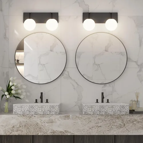 Vista 3 de Tipace Lámpara de tocador negra, 2 luces modernas sobre espejo con globo blanco leche blanca para baño (excluye bombilla)