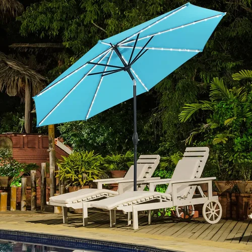 Vista 33 de Sombrilla solar de patio de 10 pies con base, 32 luces LED, sombrilla de mercado al aire libre con botón de inclinación y grietas para jardín Azul