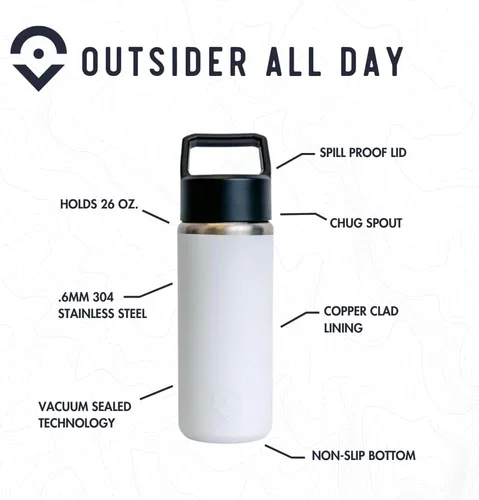 Vista 2 de Outsider The All Day Botella de agua de acero inoxidable de 26 onzas aislada al vacío, tapa sin BPA con boquilla para beber y llenar fácilmente Negro