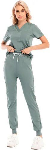 Vista 5 de Conjunto de uniformes médicos para mujer, conjunto de uniforme de enfermera, conjunto de trabajo al aire libre, conjunto de ropa quirúrgica elástica