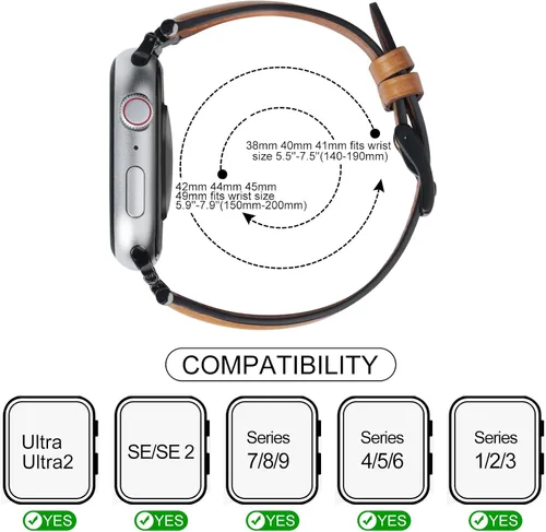 Vista 4 de Correa de cuero compatible con correas de Apple Watch para hombres de 38/40/41/42/44/45/46/1.929 in, correa de cuero genuino para iWatch Series 10