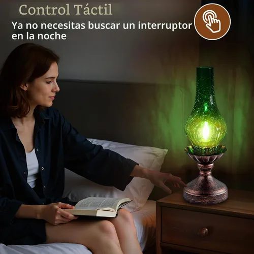 Vista 4 de Lámpara de mesa vintage con pantalla de cristal agrietado verde, control táctil y regulable de 3 vías, lámpara de noche rústica retro