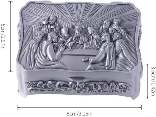 Vista 3 de Rosario católico para mujer con caja de rosario, collar de rosario de cuentas de cristal azul con caja de joyería vintage de la última cena, cuentas