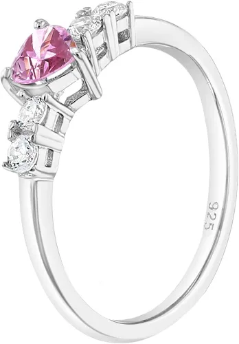 Vista 2 de 925 Sterling Silver Size 2-5 Brilliant Clear Round Pink Heart Cubic Zirconia Rings for Girls - Fashionable CZ Ring Bands for Preteens Teens - Cute