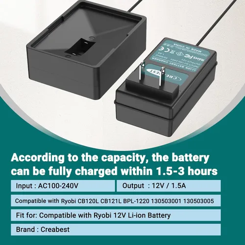 Vista 2 de Creabest Cargador de iones de litio de 12 V compatible con batería Ryobi CB120L CB121L