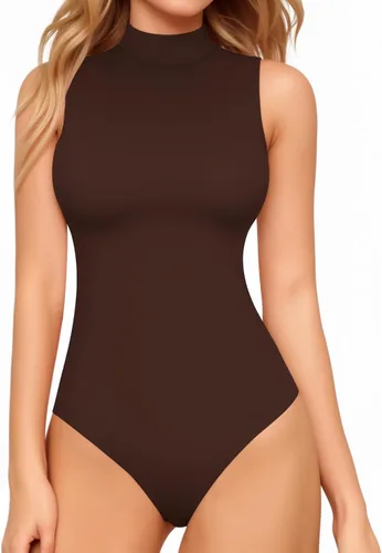 Vista 18 de MANGOPOP - Body de cuello de tortuga simulado sin mangas para mujer, leotardo de camiseta sin mangas 01 Negro