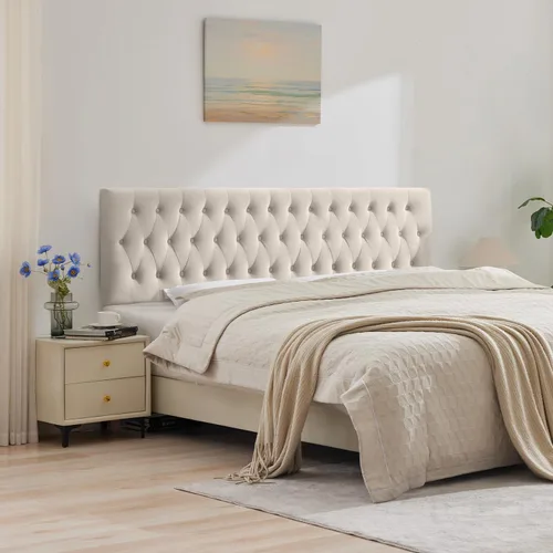Vista 13 de Kingfun Cabecera tapizada de tamaño Queen solamente, cabeceros capitoné de lino de alta calidad, cabecero ajustable de madera maciza, cabecera Beige