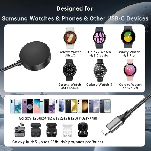 Vista 3 de Cargador de reloj Samsung, cargador rápido compatible con Galaxy Watch 7/Ultra/6/6 Classic/5 Pro/5/4/4 classic/3/Active2/1