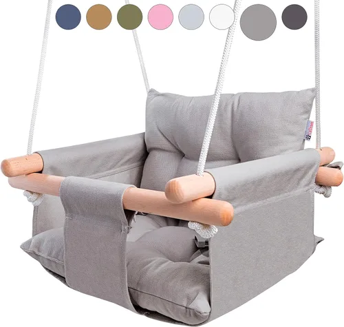 Vista 11 de CaTeam Asiento de columpio de lona para bebé con cinturón de seguridad de 5 puntos, columpio colgante de madera para niños pequeños, interior y Gris