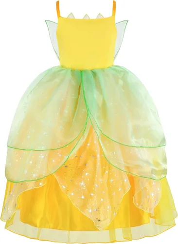 Vista 3 de BLOOMIRO Disfraz de princesa Tiana para niñas, disfraz de fiesta de cumpleaños con accesorios