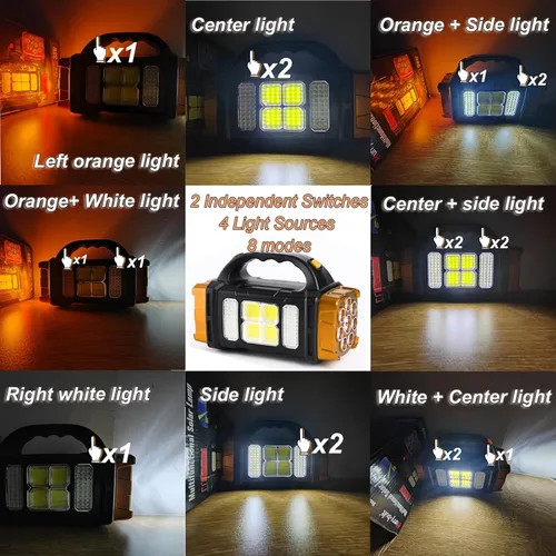 Vista 3 de Linternas solares de mano con luz lateral COB, 8 modos de luz LED recargable con cable USB, reflector LED portátil para camping, emergencias, caza