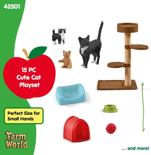 Vista 6 de Schleich Farm World - Juego de figuras de gatos y gatitos lindos - Juego de 9 piezas realistas de mamá gata y gatito bebé, juego grande para niños