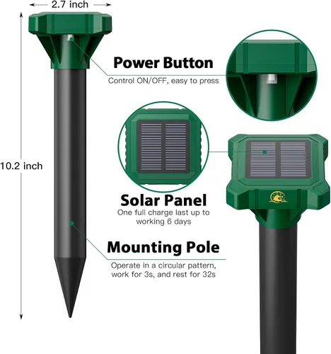 Vista 8 de Paquete de 8 repelentes de topos alimentados por energía solar, vibratorias repelentes de topos solares para ratones, marmotas, serpientes y togas