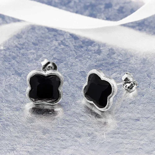 Vista 4 de 18K Gold Plated Sterling Silver Flower Shape Clover Designs Black Onyx Diamond Cut Stud Earrings For Women
