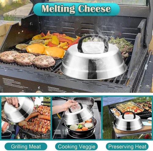 Vista 5 de Joyfair - Juego de 2 cubiertas para hilvanar de 9 pulgadas, cúpula de fusión de queso para parrilla, tapas fundidas de acero inoxidable con mango a