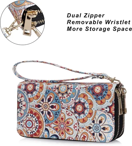 Vista 4 de Cartera de teléfono celular para mujer con doble cremallera y correa de muñeca extraíble