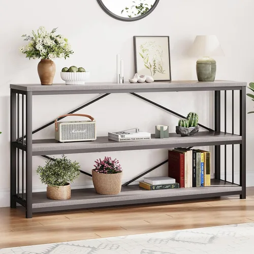 Vista 22 de LVB Mesa consola negra, mesa de entrada moderna para pasillo y sala de estar, mesa de sofá industrial detrás del sofá, mesa de entrada de madera