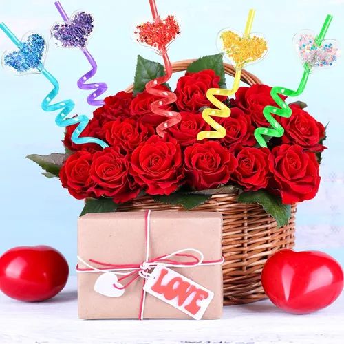 Vista 6 de 24 popotes de plástico con purpurina de 8 colores para el día de San Valentín, con 2 cepillos de limpieza