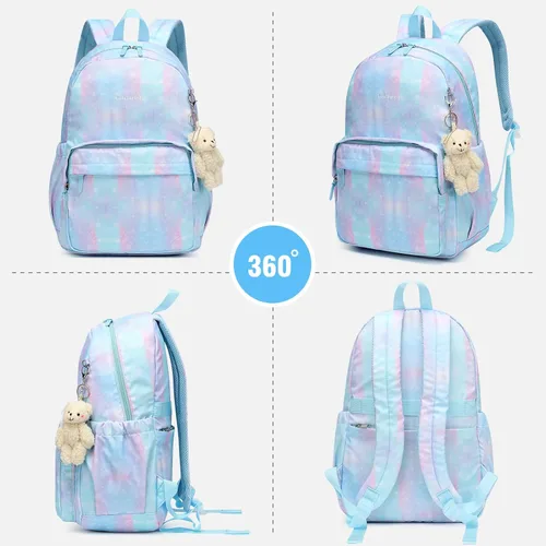 Vista 9 de Mochila para niños, mochila escolar clásica para niñas y niños, ligera, dos tamaños, multibolsillo, azul aguamarina