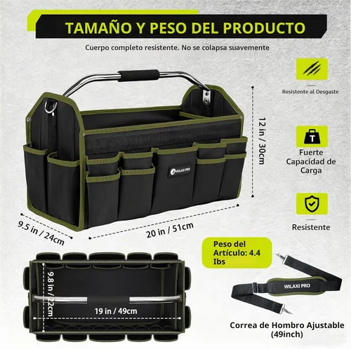 Vista 3 de Bolsas de herramientas plegables de boca abierta de 20 pulgadas para hombres de servicio pesado, portaherramientas rígido con asa, bolsa