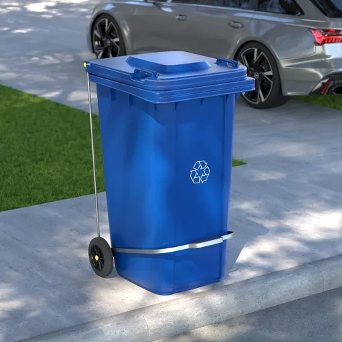 Vista 5 de Bote de basura rectangular con ruedas de 64 galones, color azul, con tapa y accesorio para escalonar, juego de 4
