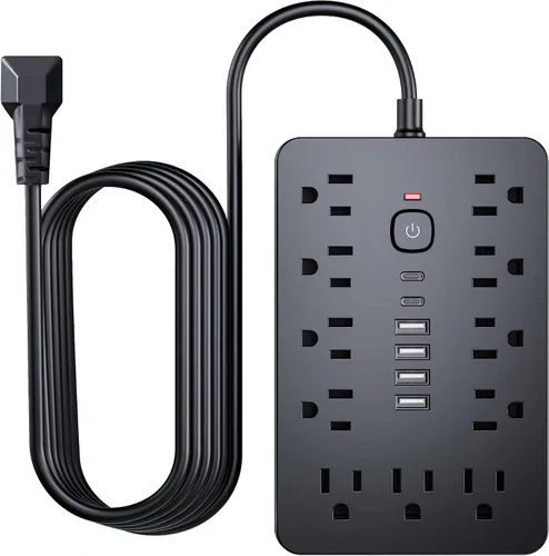 Vista 10 de Protector de sobretensiones - Enchufe de pared con múltiples tomas de corriente alterna, 6 puertos USB (2 USB C), cable de extensión corto negro