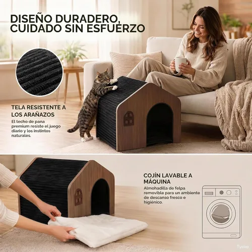 Vista 3 de Moderna casa de madera para gatos para interiores, cama tipo cueva cerrada de grado E0 con cojín lavable, muebles ecológicos no tóxicos