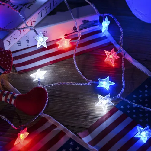 Vista 6 de Luces decorativas del 4 de julio, color rojo, blanco y azul, funciona con pilas, 50 LED, cadena patriótica de estrellas de 20 pies, 8 modos