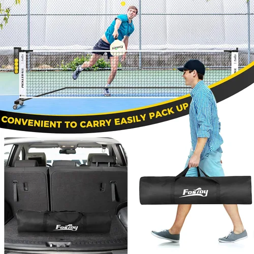 Vista 5 de Fostoy Pickleball Net with Ball Collector, Wheels, 22FT & 11FT Size Negro&blanco