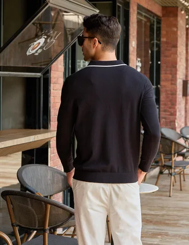 Vista 3 de uideazone Polo de punto para hombre, de manga larga, con cremallera, estilo vintage, ajustado