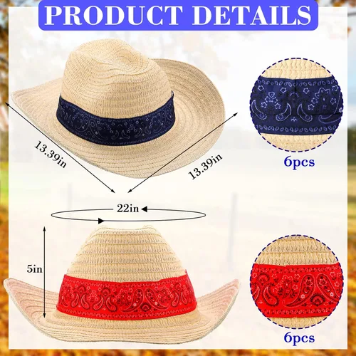 Vista 2 de Leumoi 12 sombreros de vaquero occidental con bandana roja, sombrero clásico de paja de vaquero para vaquero, roeo, fiesta temática, cosplay
