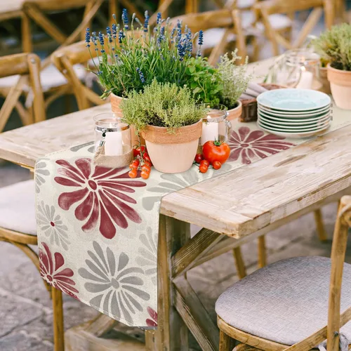 Vista 3 de AnyDesign Camino de mesa floral acuarela con flores rojas y grises, decoración de mesa de comedor, cubierta rústica para interiores y exteriores