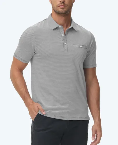 Vista 2 de MoFiz Polo de golf para hombre, ajuste seco, a rayas, de manga corta, absorbe la humedad, con bolsillo