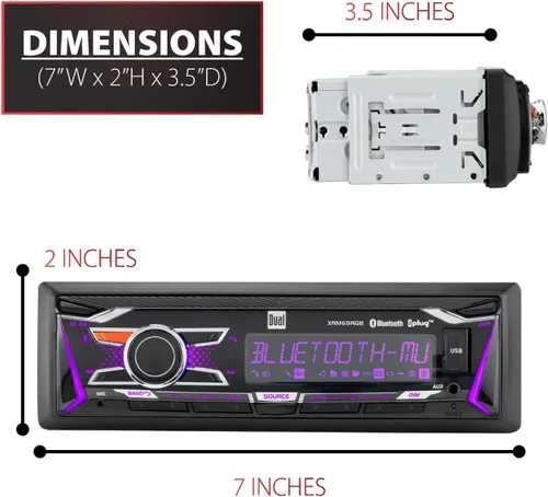Vista 4 de Dual Electronics XRM69RGB Estéreo para coche DIN único RGB Bluetooth y AM/FM Colores RGB personalizables, llamadas y transmisión Bluetooth manos