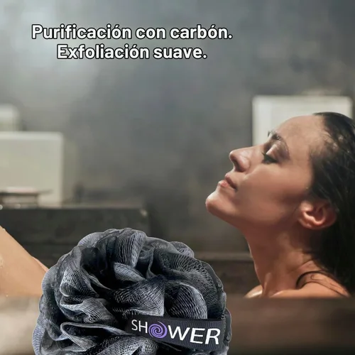 Vista 3 de SHOWER BOUQUET Juego de esponja y depurador de carbón/ 1 cepillo largo para la espalda más 2 puffs extra grandes de 2.6 oz de malla suave