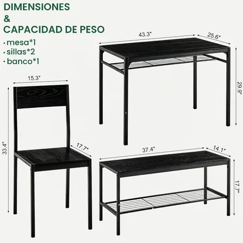 Vista 10 de VECELO Mesa de comedor de cocina con 2 sillas y banco, diseño compacto que ahorra espacio, marco de acero de fácil montaje, perfecta