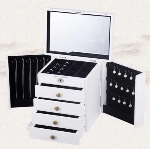 Vista 4 de Joyero de 5 niveles de gran capacidad, organizador con espejo de cerradura, contenedor de almacenamiento de joyas de viaje de madera, organizador