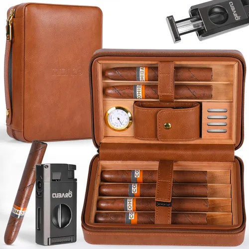 Vista 7 de Estuche para humidor de cigarros de viaje, con capacidad para 6 puros, caja portátil de cuero y cedro español con higrómetro y humidificador