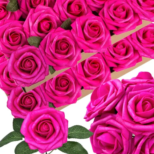 Vista 18 de 25 piezas Flores Artificiales de Espuma Rosas Falsas con Tallos 8 Hojas Rosas Sintéticas de Aspecto Real para Ramos de Boda Centros de Mesa de Negro