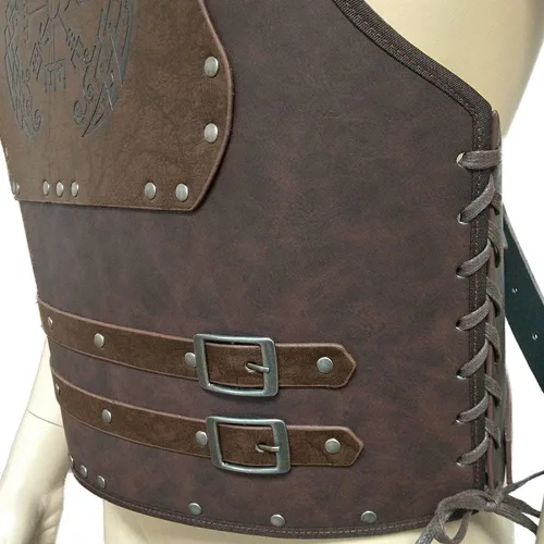 Vista 3 de Chaleco de cuero vikingo armadura de guerrero hombro piel sintética medieval vikingo placa de pecho LARP fiesta de Halloween