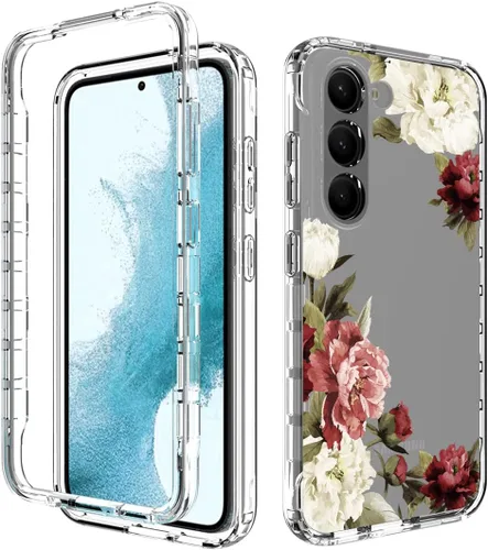 Vista 6 de Funda para Galaxy S23 con protector de pantalla de vidrio templado, funda protectora de cuerpo completo con bonito patrón floral transparente