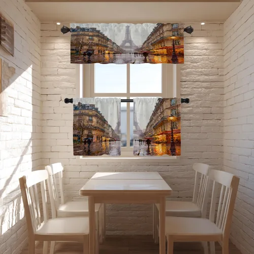 Vista 7 de Cortinas opacas de cocina con pintura al óleo de Europa rosa y negra para ventanas, cenefas opacas modernas de torre Eiffel de poliéster multicapa