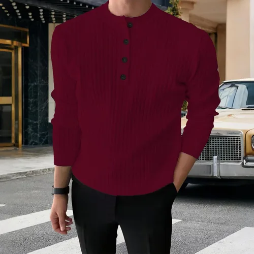 Vista 4 de Camisas de Manga Larga para Hombre, suéter de Punto ligero, suéter informal con botones, ajustado elástico