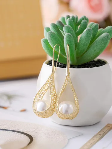 Vista 9 de Juego de collar y aretes de perlas grandes de 0.551 in para mujer, conjunto de joyas chapadas en oro