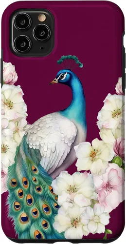 Vista 13 de iPhone 16 Peacock Bird with Long Feathers Watercolor Flowers Case