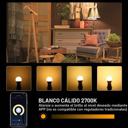 Vista 2 de Lighting EVER Bombillas LED inteligentes, compatibles con Alexa y Google Assistant, equivalente a 60 vatios, regulables con aplicación