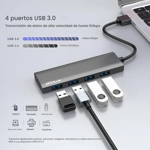 Vista 2 de Concentrador USB, concentrador USB 3.0 de aleación de aluminio ultra delgado divisor USB, extensor USB portátil de 4 puertos, concentrador USB